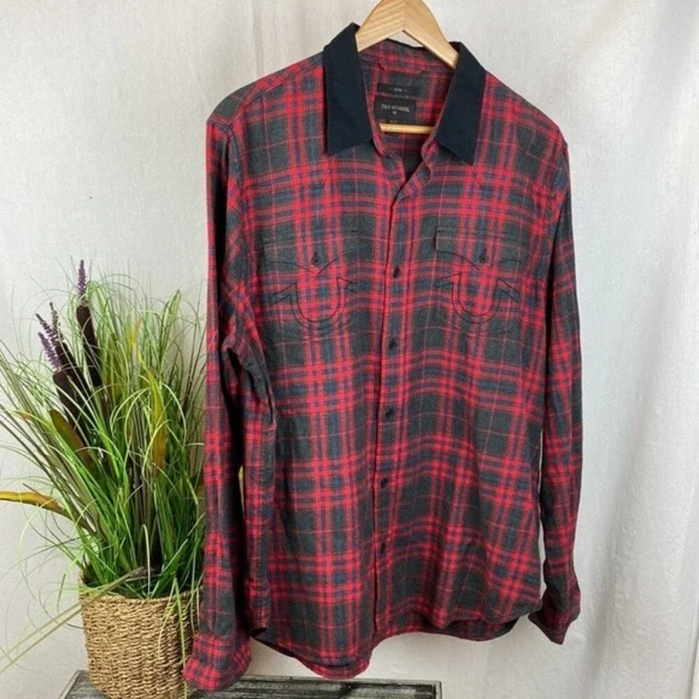 True Religion Grey & Red Western Plaid Gingham Long Sleeve Button Up Shirt XL
